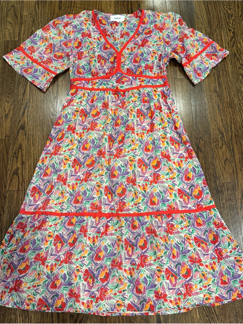 ba&sh Aquila Floral Midi Dress Red Multi Color V-Neck Boho Tiered Size S